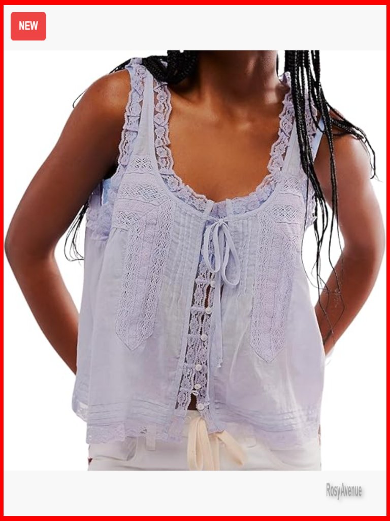 Boho Button Down Lace Trim Crop Tank Top Flowy Tie Front Cami